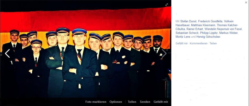 Bild zeigt etliche Burschenschafter der pennalen Burschenschaft Franko-Cherusker nebeneinander abgebildet. Das Bild stammt aus einem Facebook-Post.