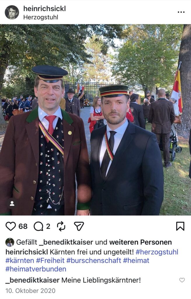 Social Media Posting vom "Fest der Kärntner Freiheit" anlässlich der Kärntner Volksabstimmung am 10. Oktober von Heinrich Sickl (links) mit Stefan Juritz (rechts), inkl. Kommentar von Benedikt Kaiser